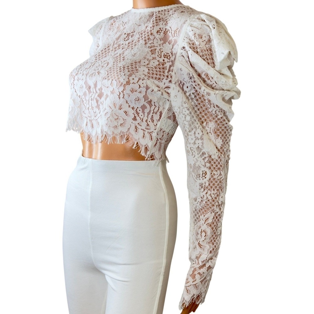 Naked Wardrobe The Statement White Lace Crop Top Puff Sleeve NWSP20-121 Small - Picture 3 of 11